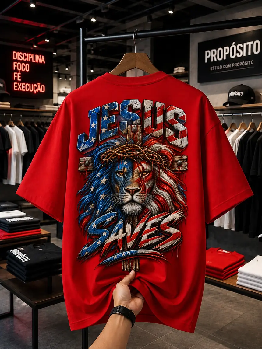 Premium design applied to a red oversized t-shirt